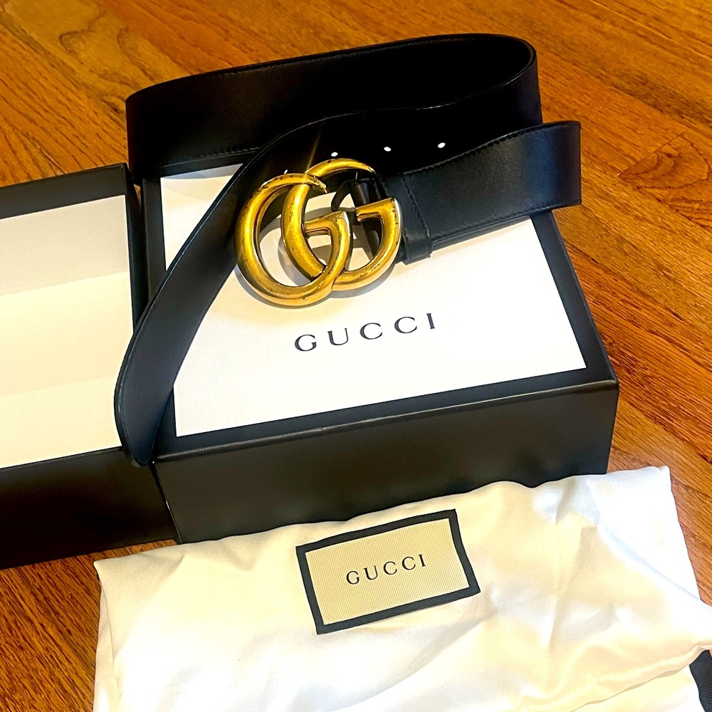 Authentic GUCCI GG MARMONT 2015 RE-EDITION WIDE BELT. Size 95. Black and gold.